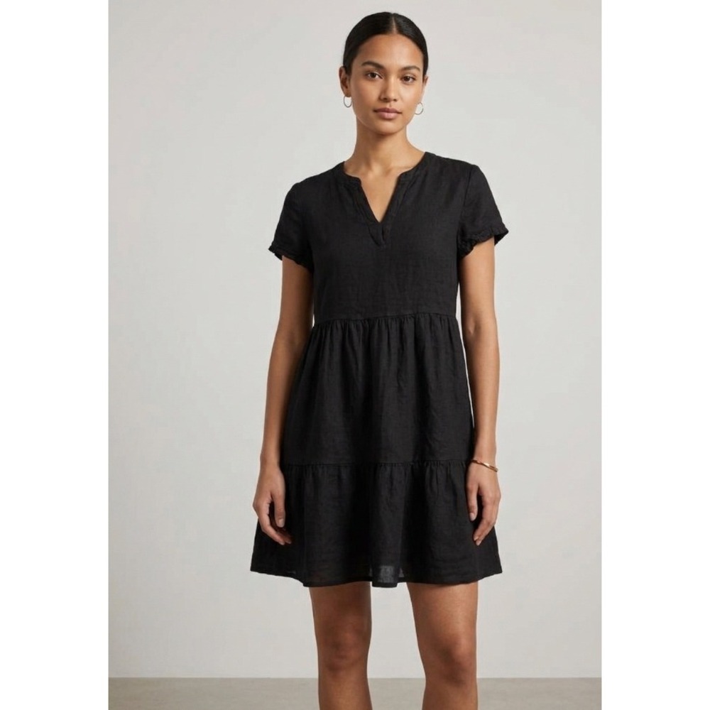 Francesca Bettini Black 100% Linen Tiered Babydoll Mini Dress Made in Italy S